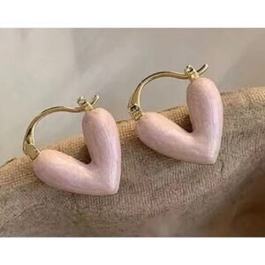Pink Enamel Heart Huggie Earrings